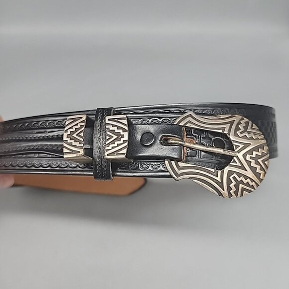 M.M. Rogers silver Buckle Vogel Frontier Belt Mens Black Leather Western Belt 42 - Picture 1 of 7